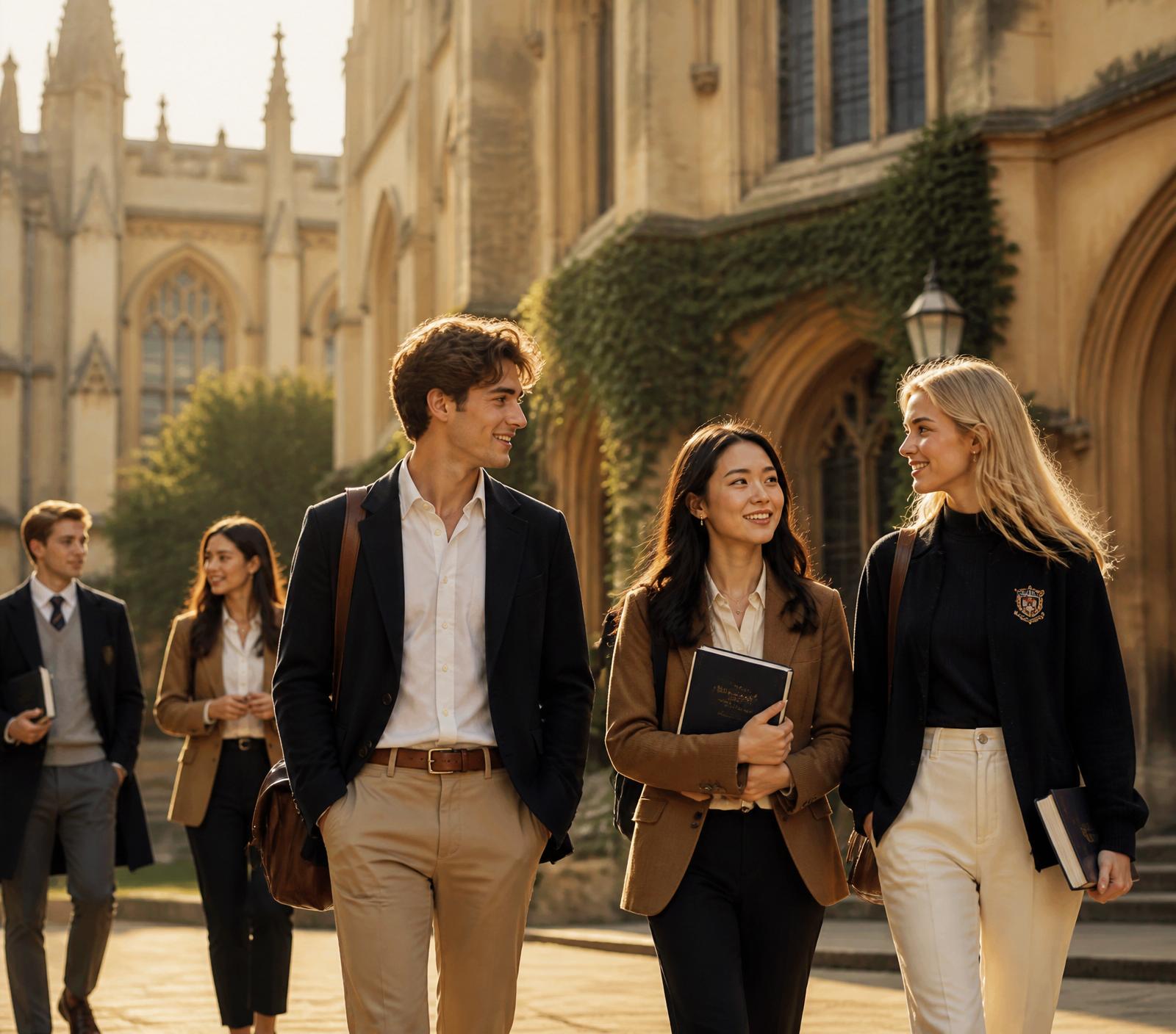 International students in an Oxford-style university courtyard